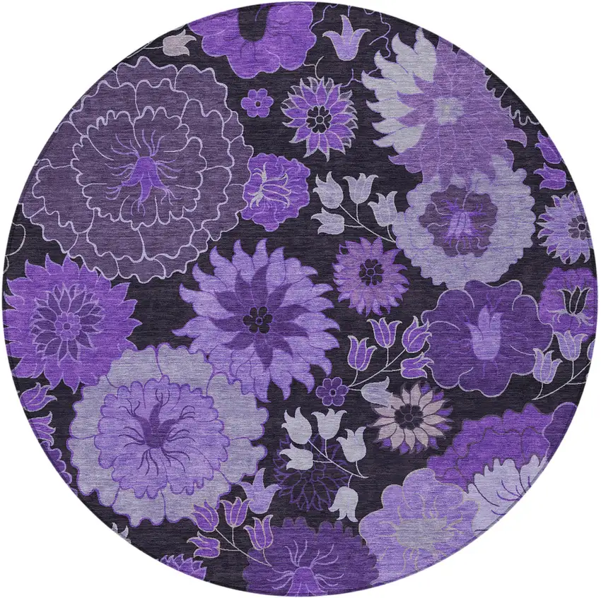 8' Purple And Black Round Floral Washable Indoor Outdoor Area Rug Photo 4
