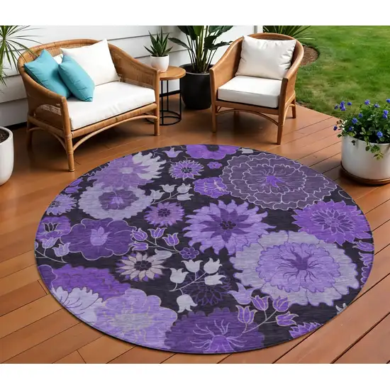 8' Purple And Black Round Floral Washable Indoor Outdoor Area Rug Photo 1