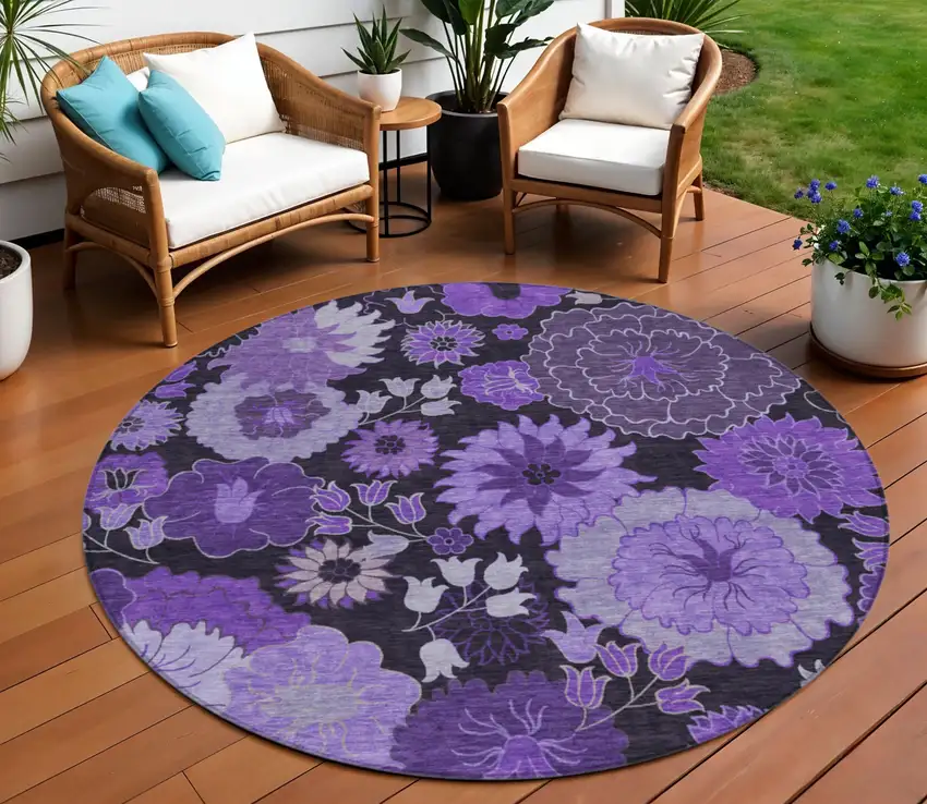 8' Purple And Black Round Floral Washable Indoor Outdoor Area Rug Photo 1