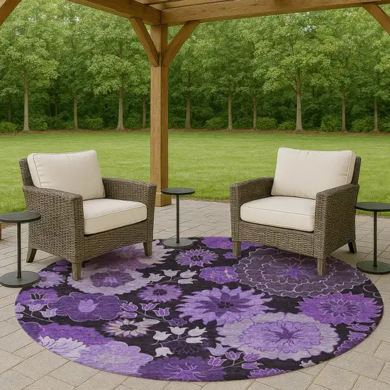 8' Purple And Black Round Floral Washable Indoor Outdoor Area Rug Photo 8