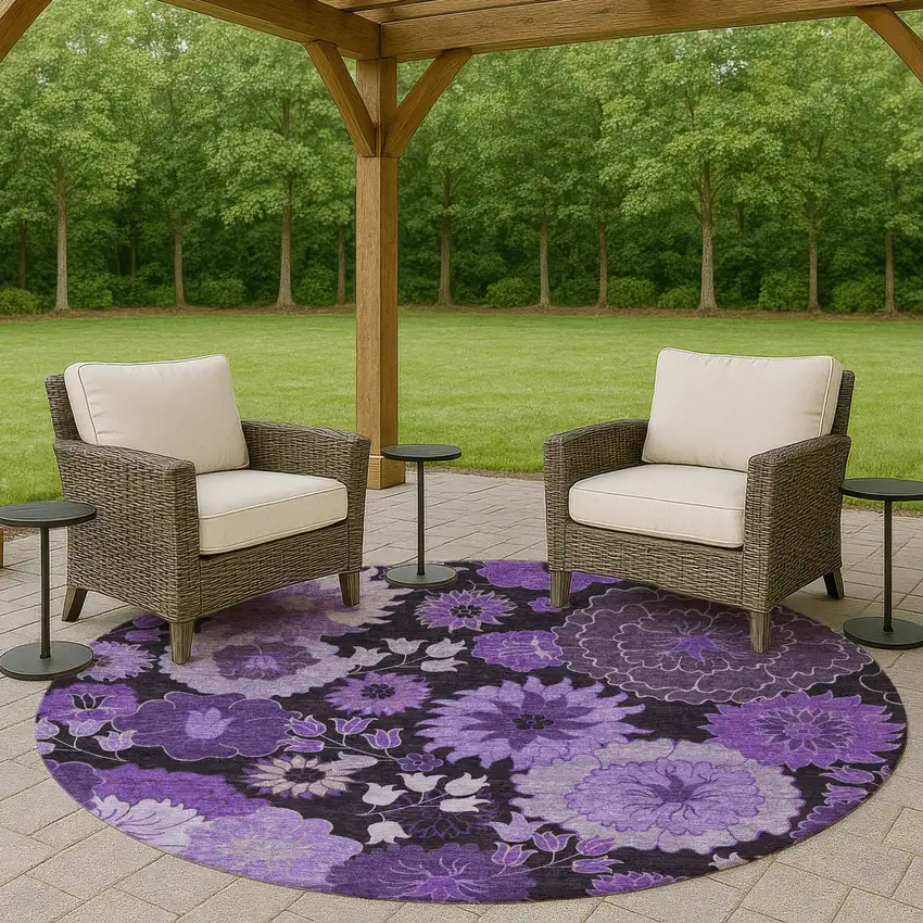 8' Purple And Black Round Floral Washable Indoor Outdoor Area Rug Photo 8