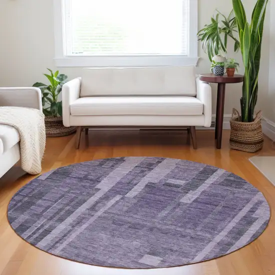 8' Purple And Black Round Striped Washable Indoor Outdoor Area Rug Photo 8