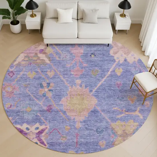 8' Purple And Blue Oriental Washable Round Rug With UV Protection Photo 5
