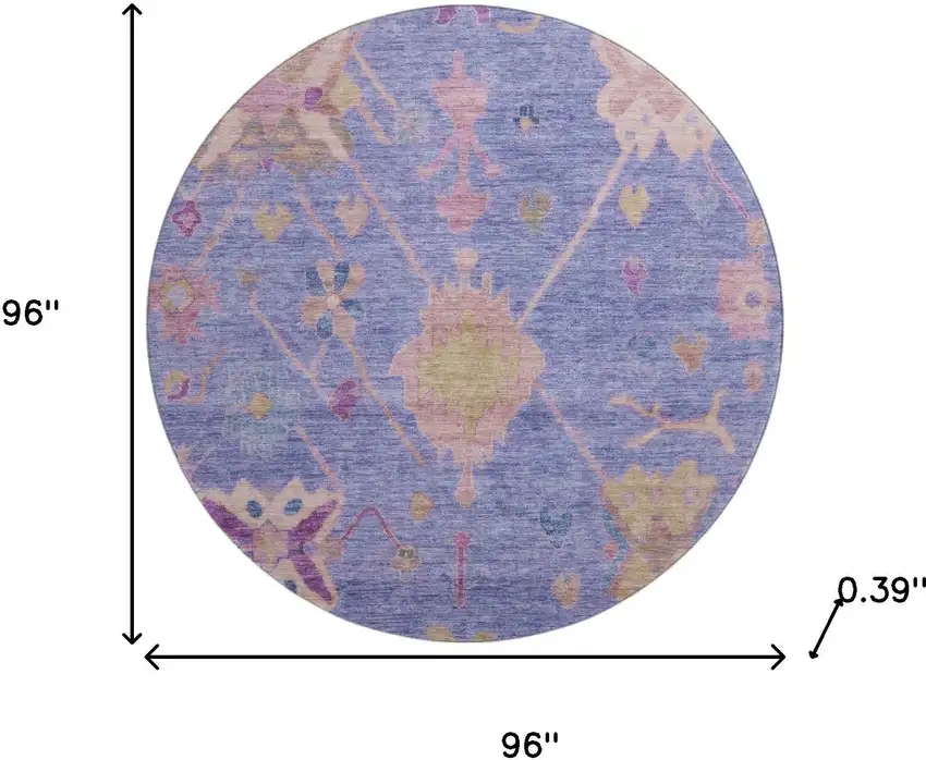 8' Purple And Blue Oriental Washable Round Rug With UV Protection Photo 8