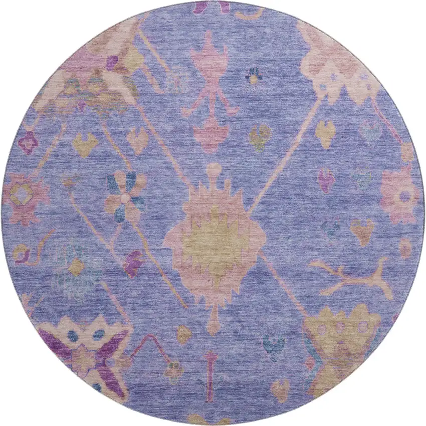 8' Purple And Blue Oriental Washable Round Rug With UV Protection Photo 1