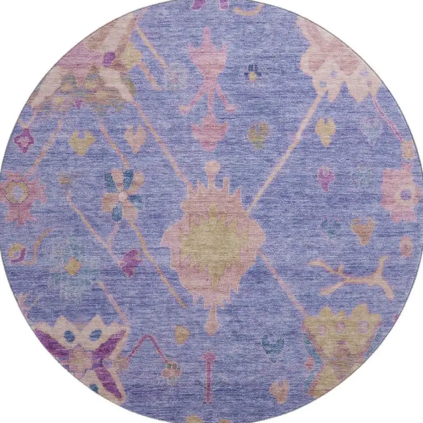 8' Purple And Blue Oriental Washable Round Rug With UV Protection Photo 4