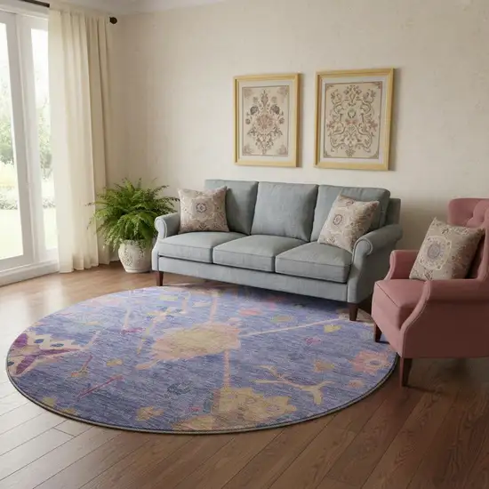 8' Purple And Blue Oriental Washable Round Rug With UV Protection Photo 2