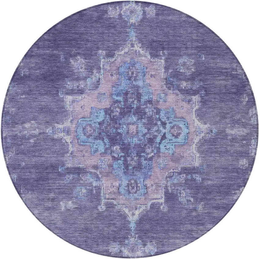 8' Purple And Blue Round Medallion Washable Indoor Outdoor Area Rug Photo 4