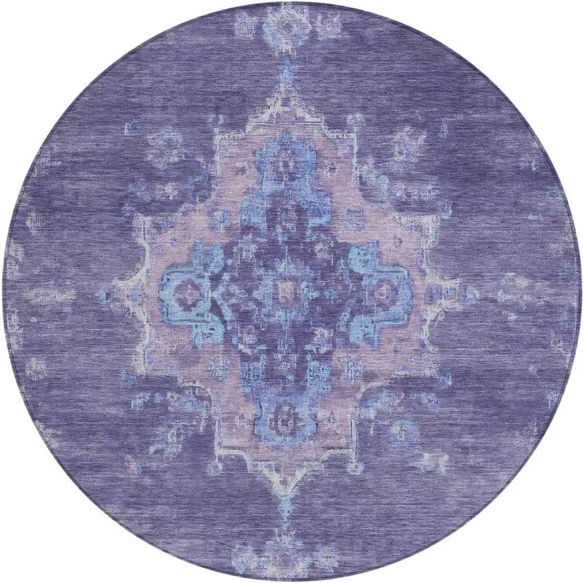 8' Purple And Blue Round Medallion Washable Indoor Outdoor Area Rug Photo 2