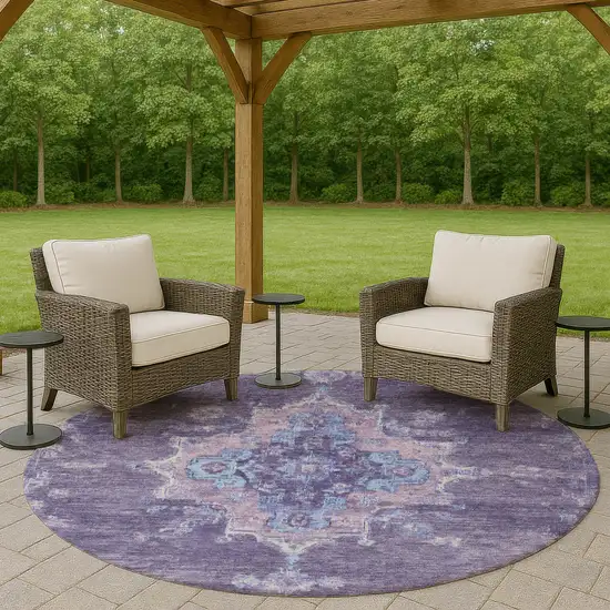 8' Purple And Blue Round Medallion Washable Indoor Outdoor Area Rug Photo 8