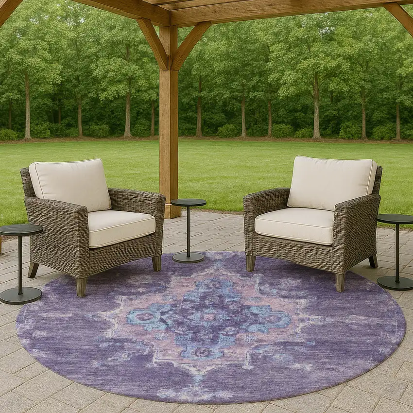 8' Purple And Blue Round Medallion Washable Indoor Outdoor Area Rug Photo 8