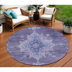 Photo of 8' Purple And Blue Round Medallion Washable Indoor Outdoor Area Rug