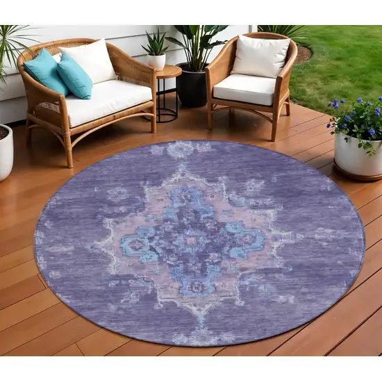 8' Purple And Blue Round Medallion Washable Indoor Outdoor Area Rug Photo 1