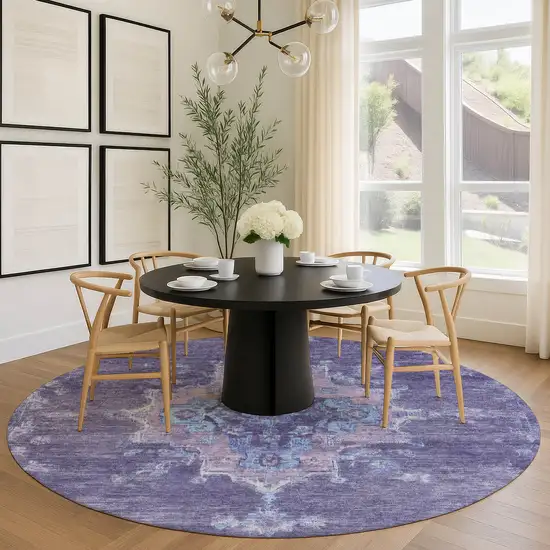 8' Purple And Blue Round Medallion Washable Indoor Outdoor Area Rug Photo 9
