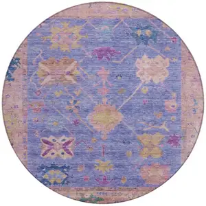 Photo of 8' Purple And Blue Round Tribal Washable Indoor Outdoor Area Rug