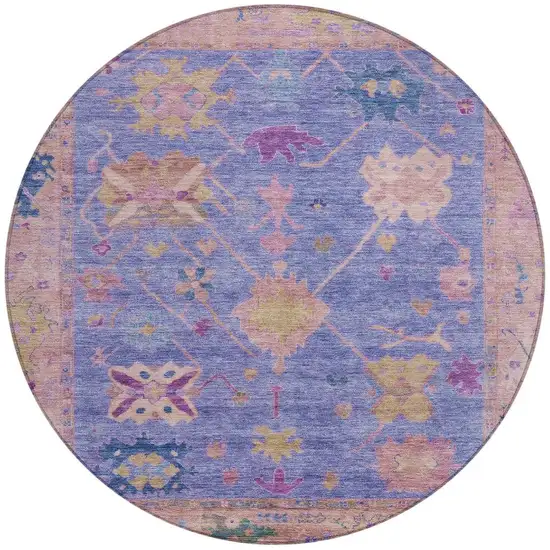 8' Purple And Blue Round Tribal Washable Indoor Outdoor Area Rug Photo 3