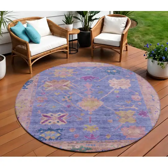 8' Purple And Blue Round Tribal Washable Indoor Outdoor Area Rug Photo 2
