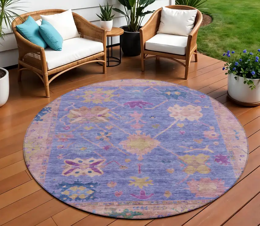8' Purple And Blue Round Tribal Washable Indoor Outdoor Area Rug Photo 2