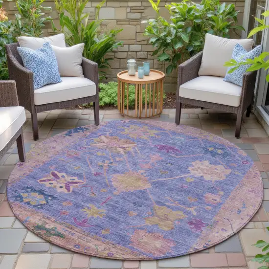 8' Purple And Blue Round Tribal Washable Indoor Outdoor Area Rug Photo 6