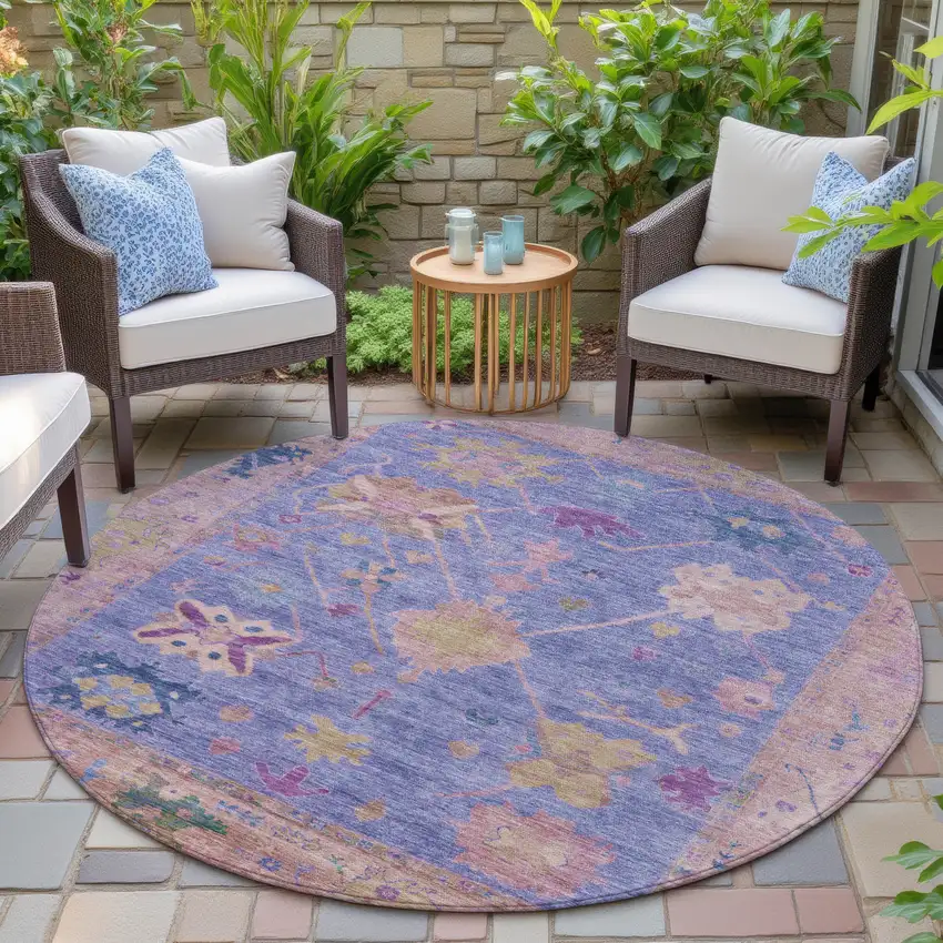 8' Purple And Blue Round Tribal Washable Indoor Outdoor Area Rug Photo 6