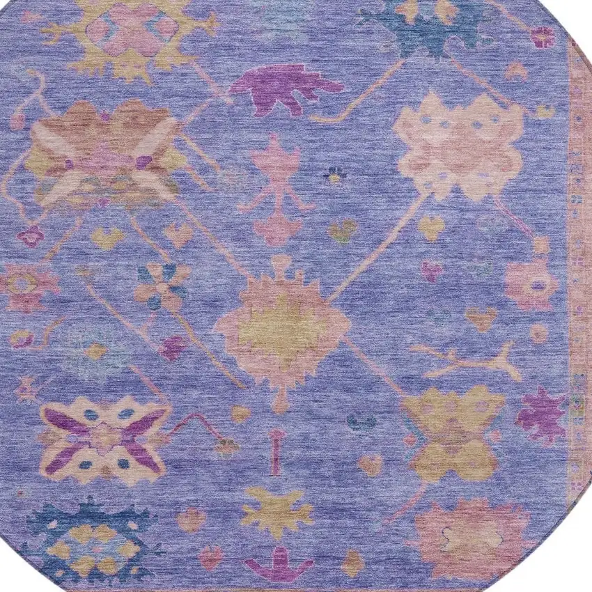 8' Purple And Blue Round Tribal Washable Indoor Outdoor Area Rug Photo 9