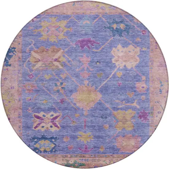 8' Purple And Blue Round Tribal Washable Indoor Outdoor Area Rug Photo 1