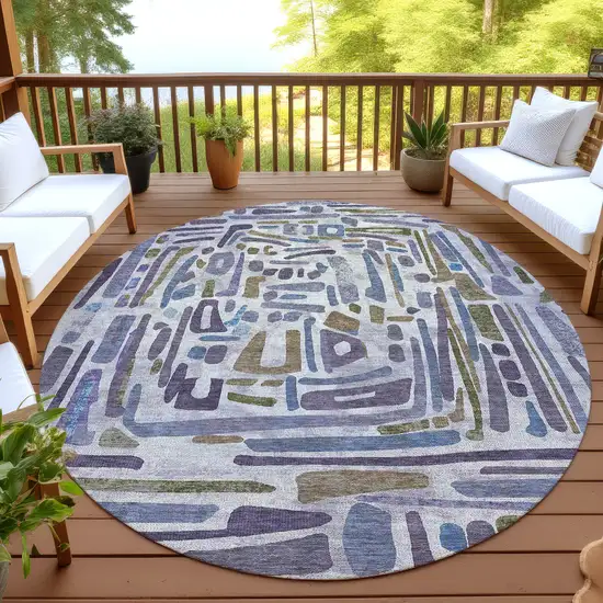 8' Purple And Brown Round Abstract Washable Indoor Outdoor Area Rug Photo 4