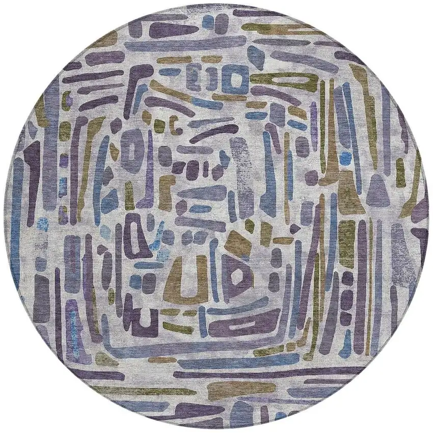 8' Purple And Brown Round Abstract Washable Indoor Outdoor Area Rug Photo 3