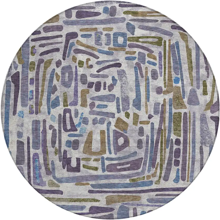 8' Purple And Brown Round Abstract Washable Indoor Outdoor Area Rug Photo 1