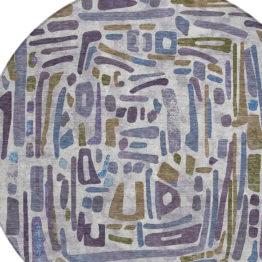 8' Purple And Brown Round Abstract Washable Indoor Outdoor Area Rug Photo 2