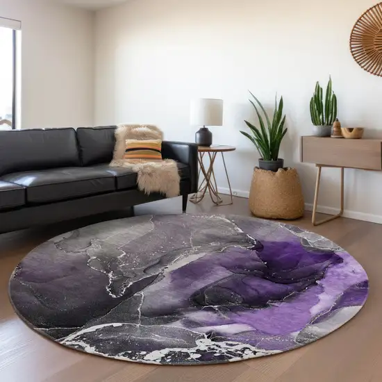 8' Purple And Charcoal Abstract Washable Round Rug With UV Protection Photo 4