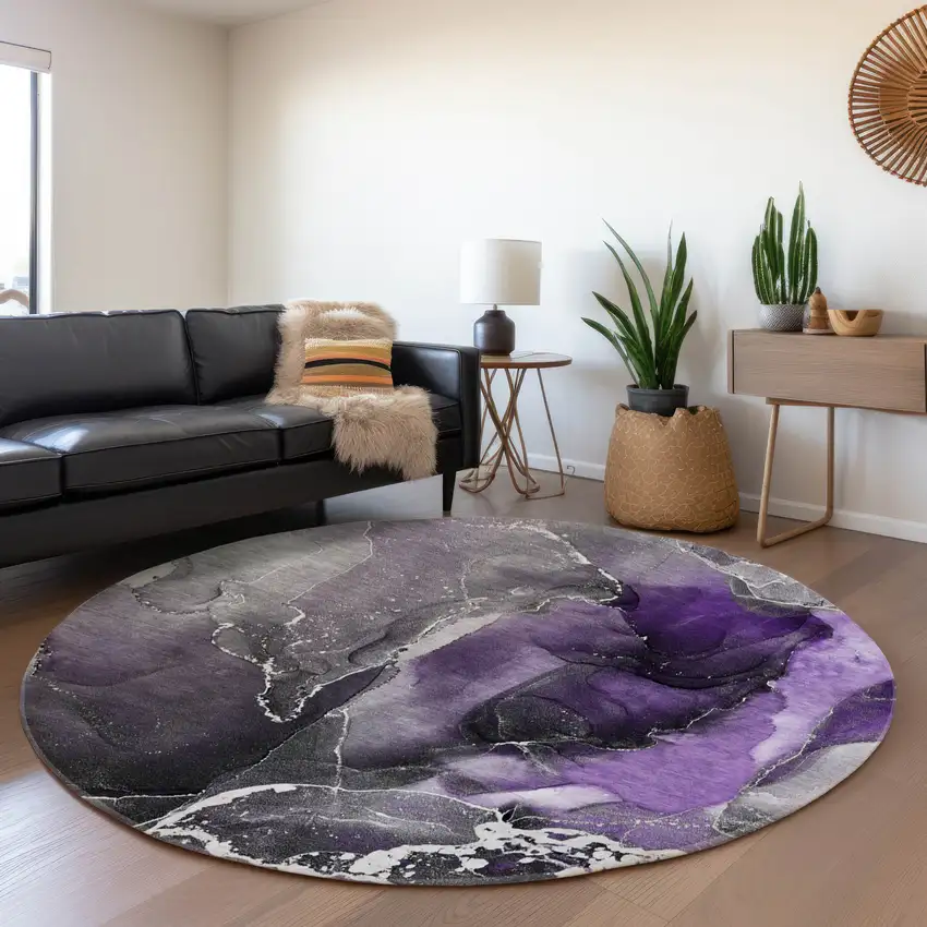 8' Purple And Charcoal Abstract Washable Round Rug With UV Protection Photo 4