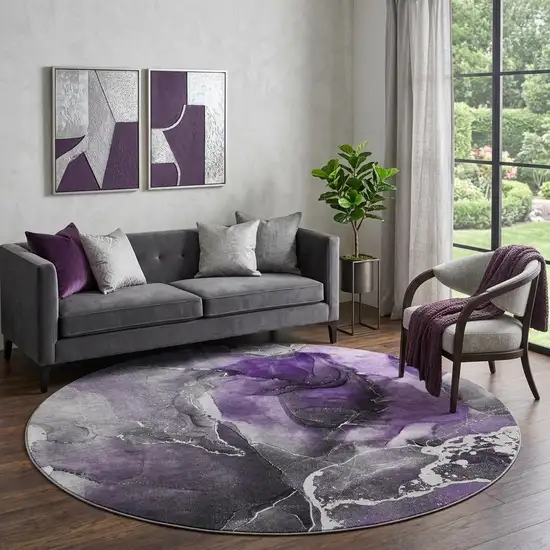 8' Purple And Charcoal Abstract Washable Round Rug With UV Protection Photo 1