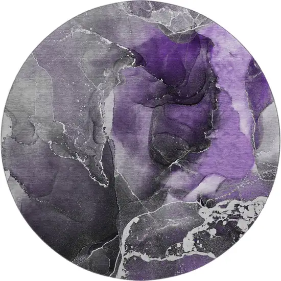 8' Purple And Charcoal Abstract Washable Round Rug With UV Protection Photo 2