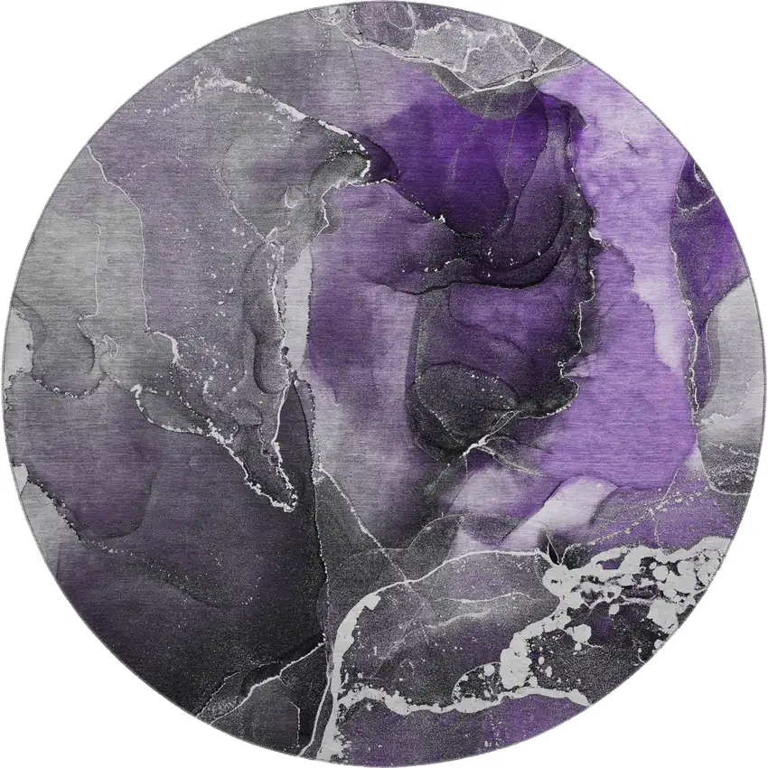 8' Purple And Charcoal Abstract Washable Round Rug With UV Protection Photo 2