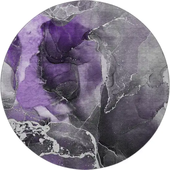 8' Purple And Charcoal Abstract Washable Round Rug With UV Protection Photo 3