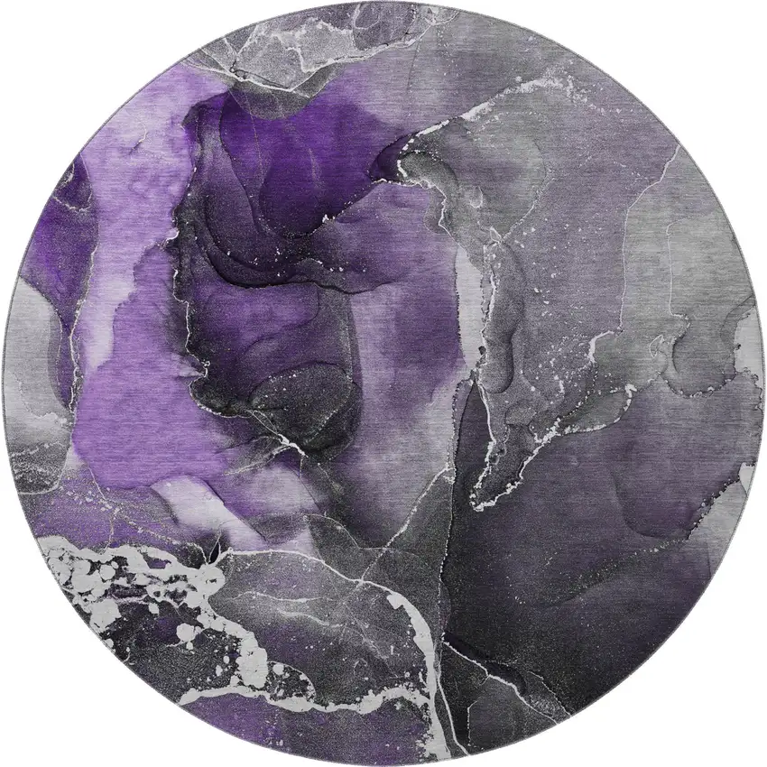 8' Purple And Charcoal Abstract Washable Round Rug With UV Protection Photo 3