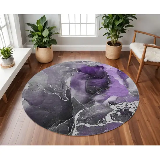 8' Purple And Charcoal Abstract Washable Round Rug With UV Protection Photo 2