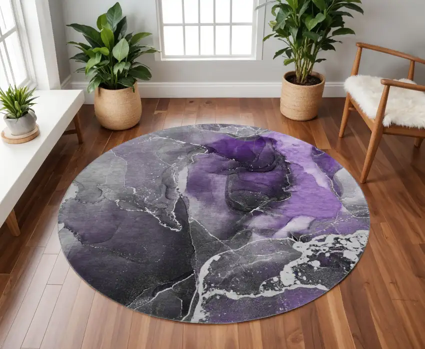 8' Purple And Charcoal Abstract Washable Round Rug With UV Protection Photo 2