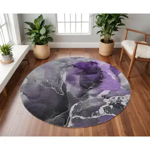 Photo of 8' Purple And Charcoal Abstract Washable Round Rug With UV Protection