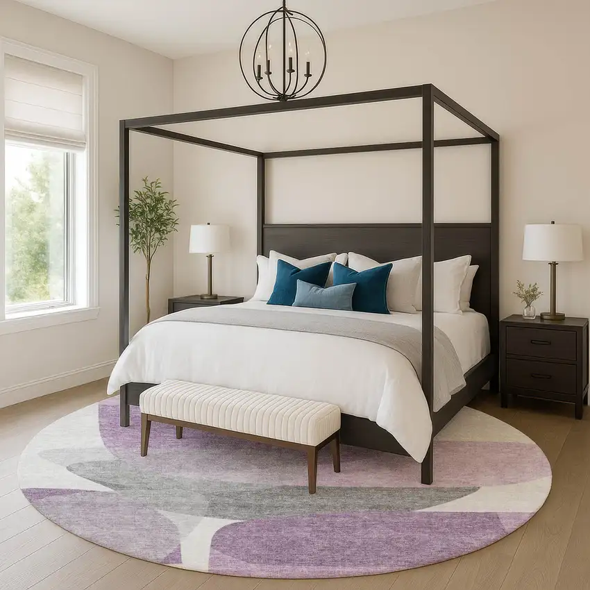 8' Purple And Charcoal Abstract Washable Round Rug With UV Protection Photo 5