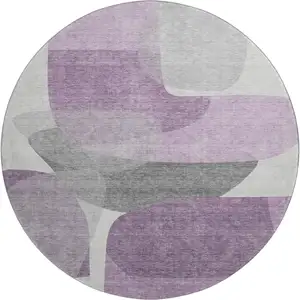 Photo of 8' Purple And Charcoal Abstract Washable Round Rug With UV Protection