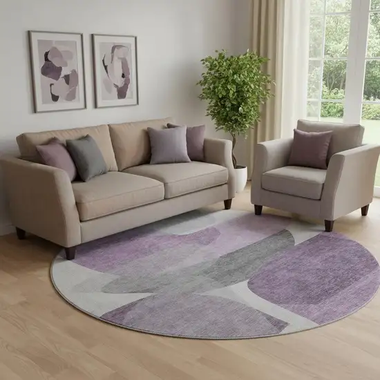 8' Purple And Charcoal Abstract Washable Round Rug With UV Protection Photo 2