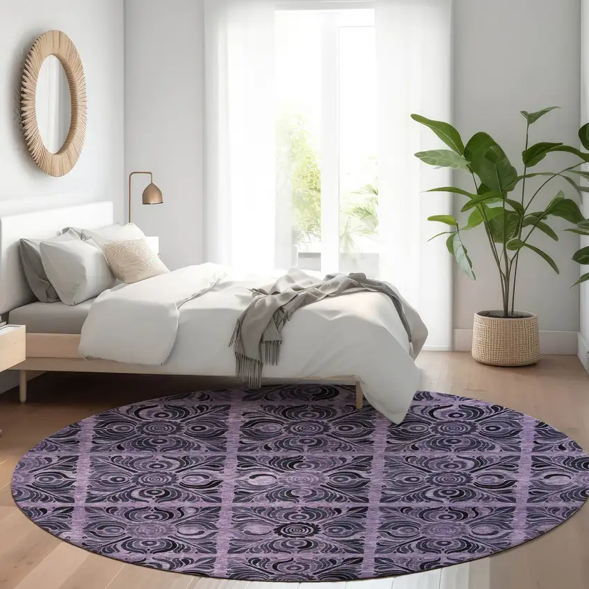 8' Purple And Charcoal Medallion Washable Round Rug With UV Protection Photo 5