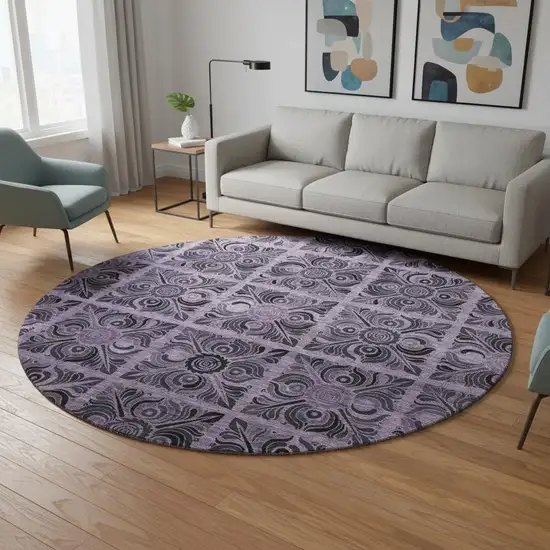 8' Purple And Charcoal Medallion Washable Round Rug With UV Protection Photo 2