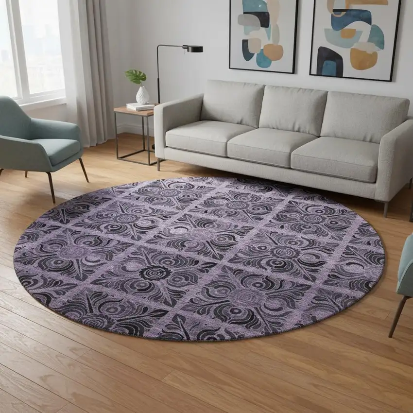 8' Purple And Charcoal Medallion Washable Round Rug With UV Protection Photo 2