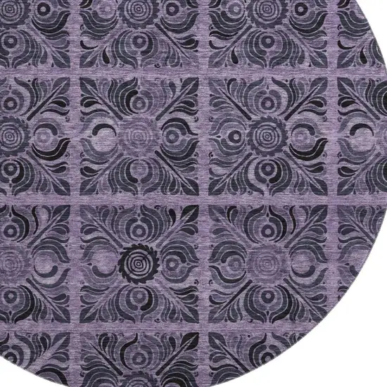 8' Purple And Charcoal Medallion Washable Round Rug With UV Protection Photo 3