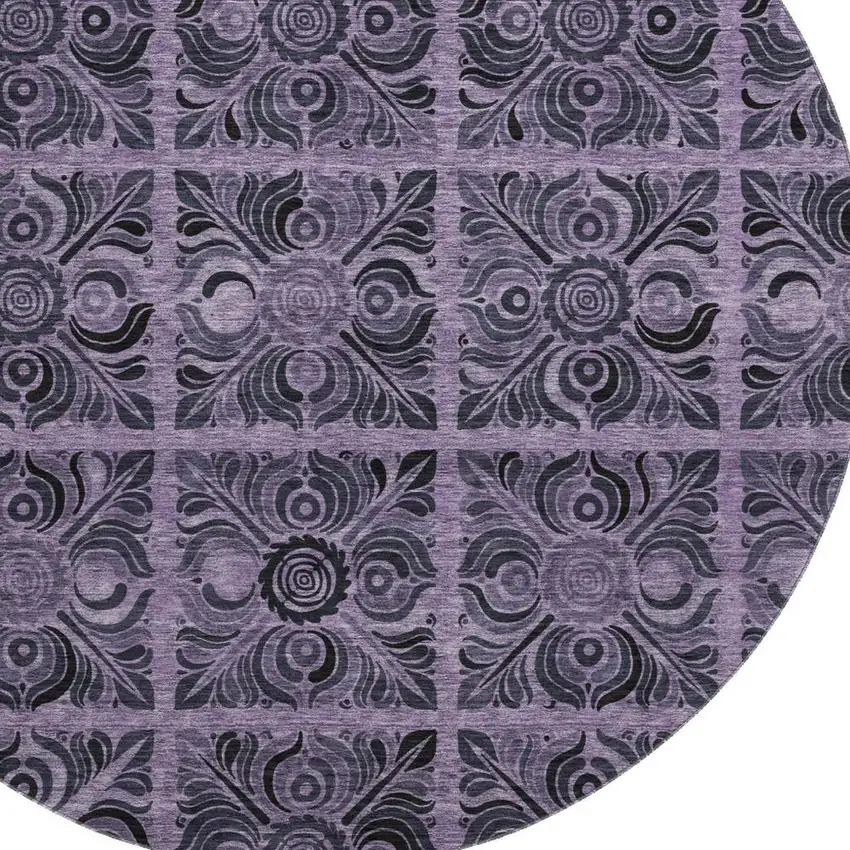 8' Purple And Charcoal Medallion Washable Round Rug With UV Protection Photo 3