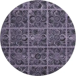 Photo of 8' Purple And Charcoal Medallion Washable Round Rug With UV Protection