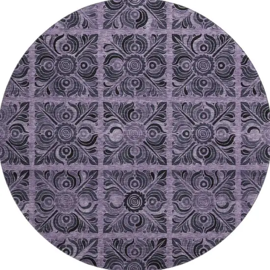 8' Purple And Charcoal Medallion Washable Round Rug With UV Protection Photo 4